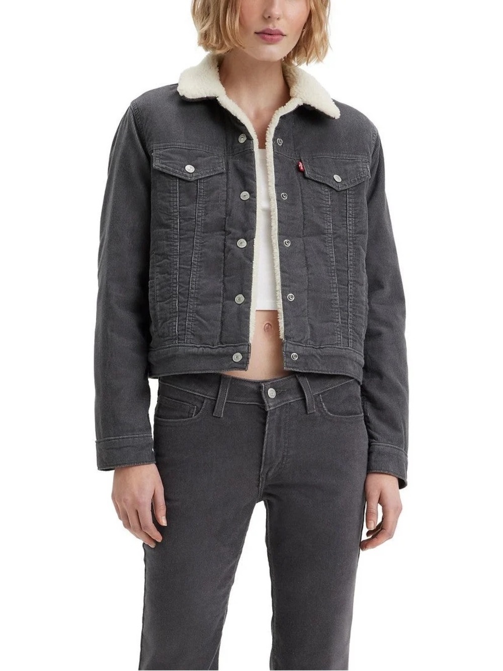 Levi's Charcoal Gray Denim Trucker Jacket with Cream Sherpa Collar